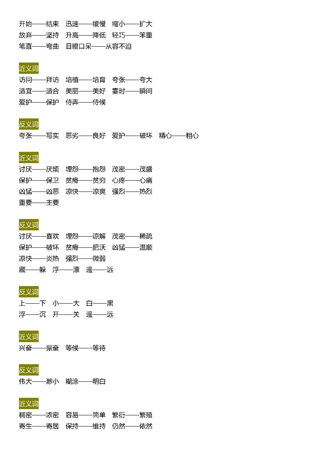 四年级语文下册生字,词语,近义词,反义词汇总