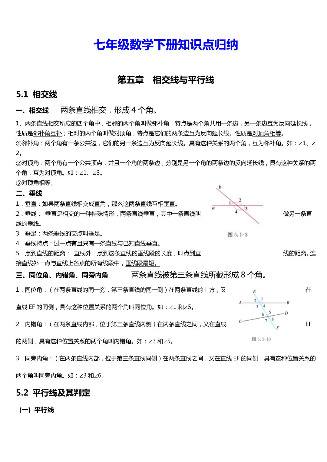 最新人教版七年级数学下册各章节知识点归纳