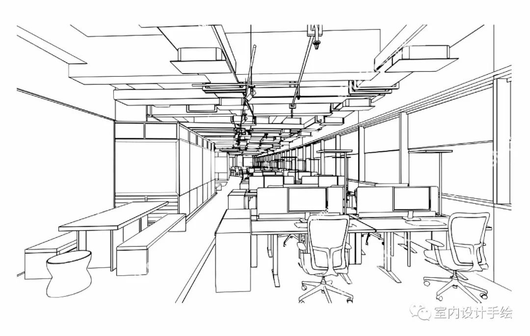 【手繪】幾組不一樣的辦公空間室內設計手繪線稿!