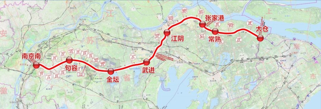 蘇南沿江城際鐵路自南京南站引出,先後經句容,金壇,武進,江陰,張幾壙