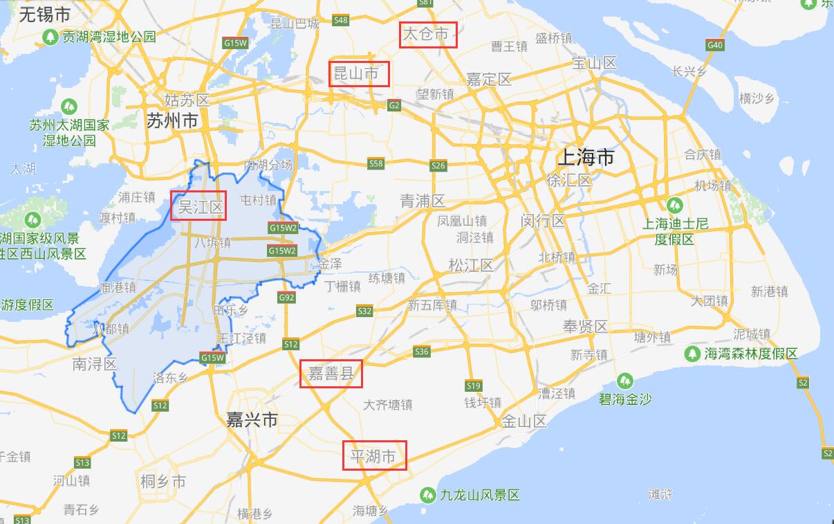 上面是長三角核心地帶的地圖,可以看出交界地方包括——上海市青浦區