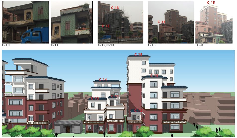 同时,增加具有遮挡效果的建筑单墙,在墙面上增加具有岭南建筑风格的