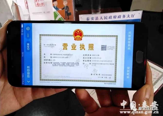 秦安县颁发首张无纸全程电子化营业执照