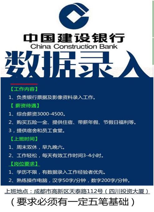 招聘信息中國建設銀行招聘數據錄入員數名