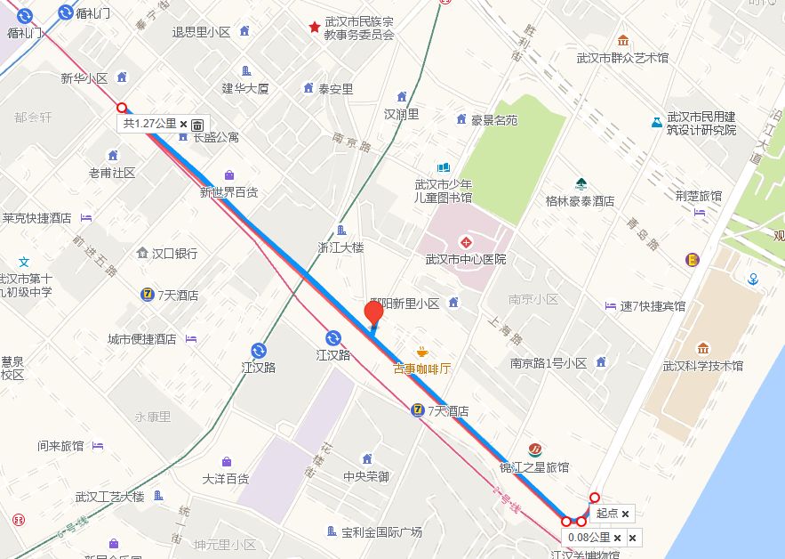 可以看到,光谷步行街的長度約為1.06km,合0.39