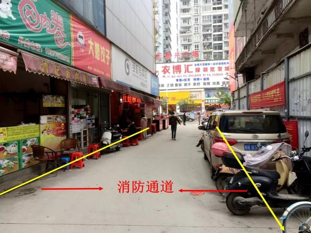 港北区建设路地王大厦西侧商家扩大自己的经营范围,占用消防通道,存在