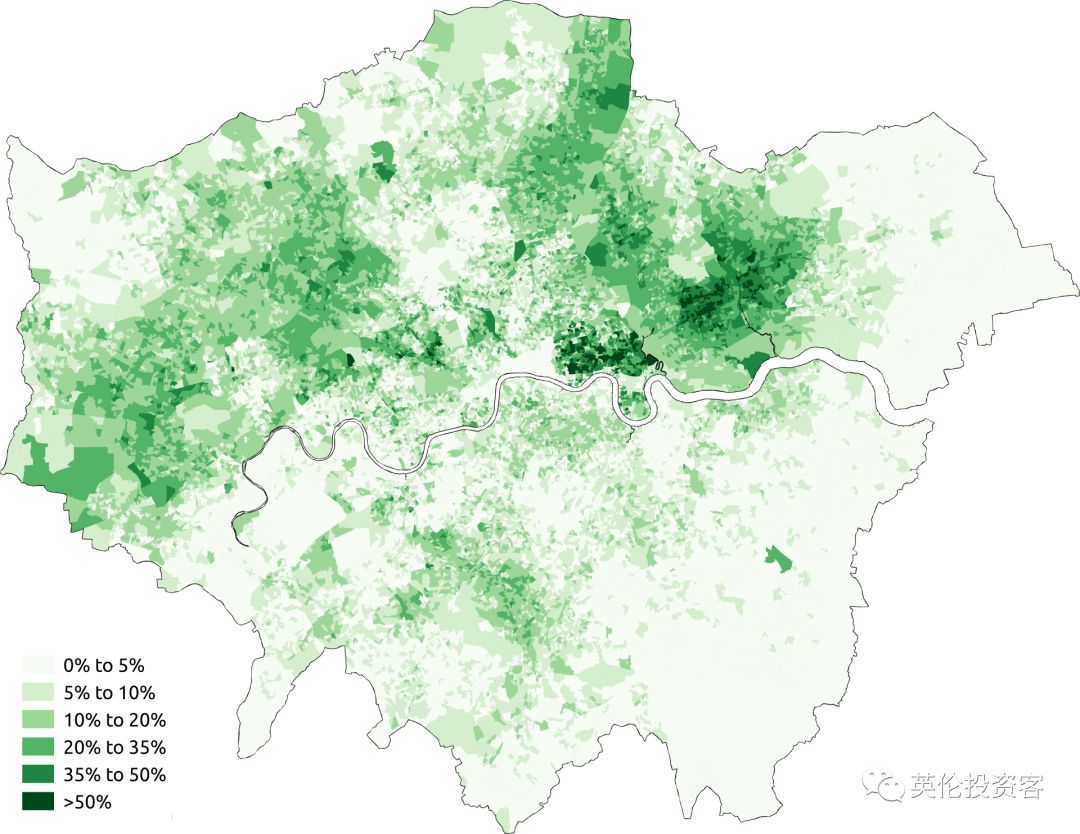 倫敦伊斯蘭教地圖,綠色越深,穆斯林人口越密