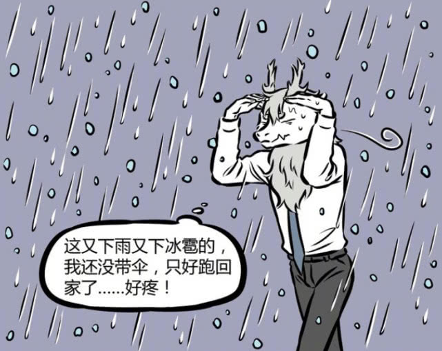 敖烈沒帶傘,只好用手頂著暴雨和冰雹跑回家,忍受著冰雹的攻擊.