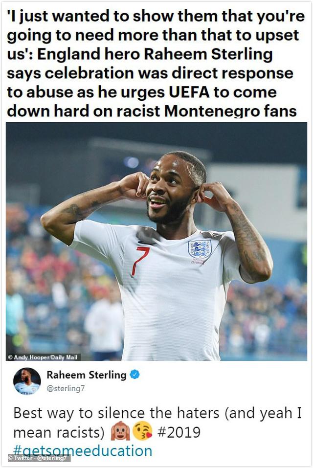 斯特林回应在黑山遭遇种族歧视 自己进球庆祝动作就是最好的回应