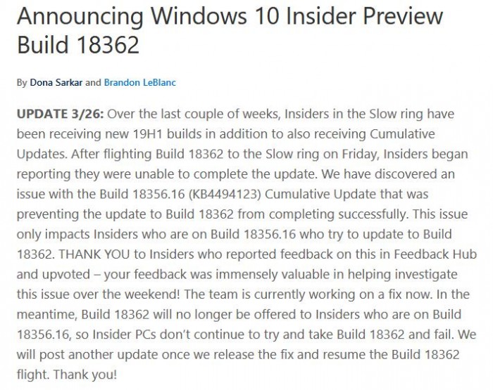 微软承认累积更新错误导致部分Slow用户无法升至Build 18362的照片 - 3