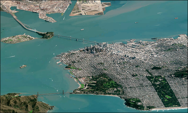 马林岬角在左下方,旧金山横跨在底部,伯克利和奥克兰孤单依偎在上方