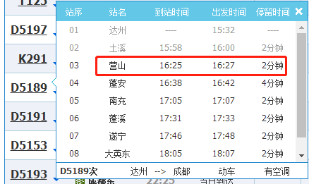 d5189次列車15時32分從達州站始發, 在南充境內經停營山站,蓬安站