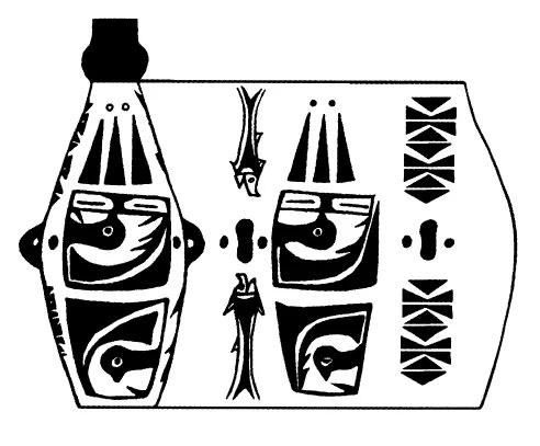 zht14h467:1葫芦形彩陶瓶上,鸟纹与鱼纹共存,而且都是写实的象形图案