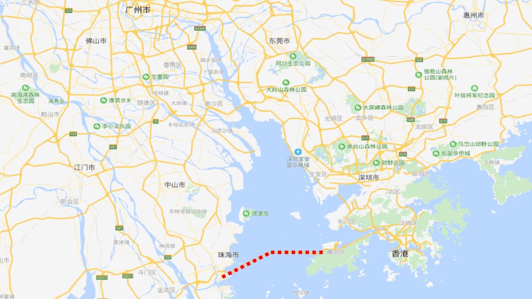 港珠澳大桥海中的主体工程,也就是下图中红色部分,广州在地图的最上面