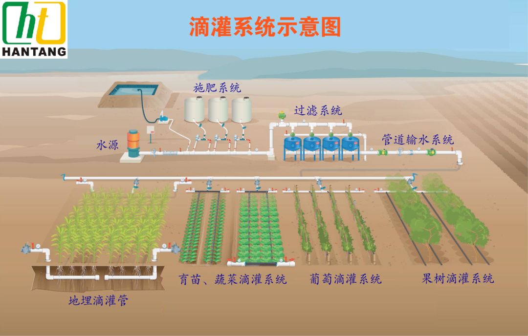 通過可控管道系統供水,供肥,使水肥相融後,通過管道和滴頭形成滴灌