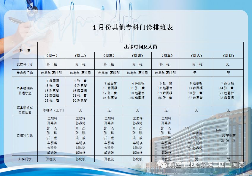 哈爾濱二四二醫院4月份出診信息一覽