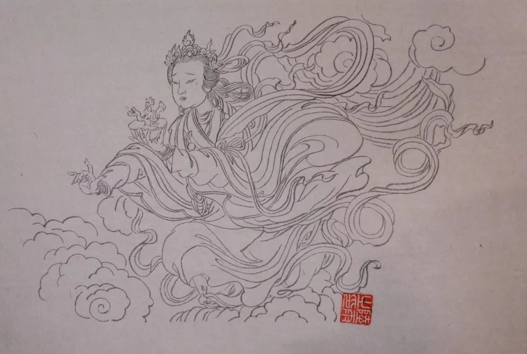 陆雨《三清殿扇壁前中一飞天女神 cm×45cm