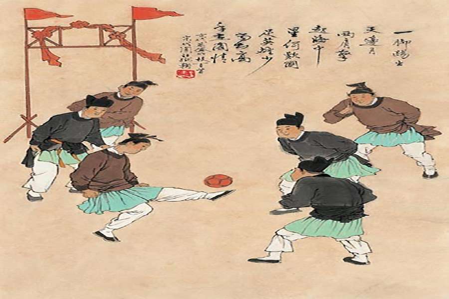 蹴鞠,在唐代成为寒食清明时节与荡秋千一样流行的风俗活动