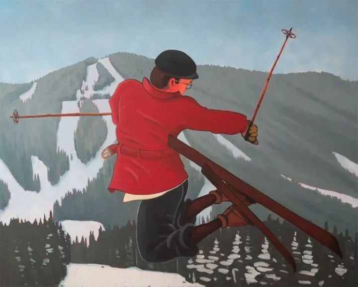 原创来自上个世纪的滑雪油画另类姿势有点酷