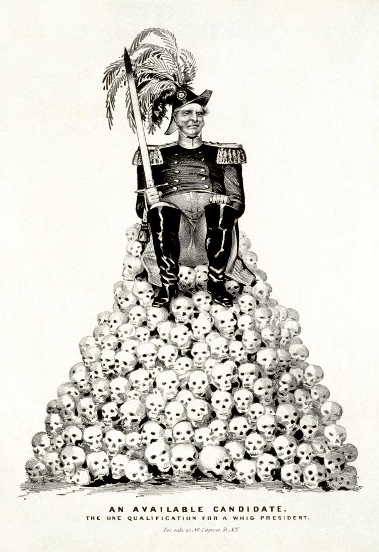反辉格党漫画,扎卡里·泰勒总统坐在骷髅堆顶上