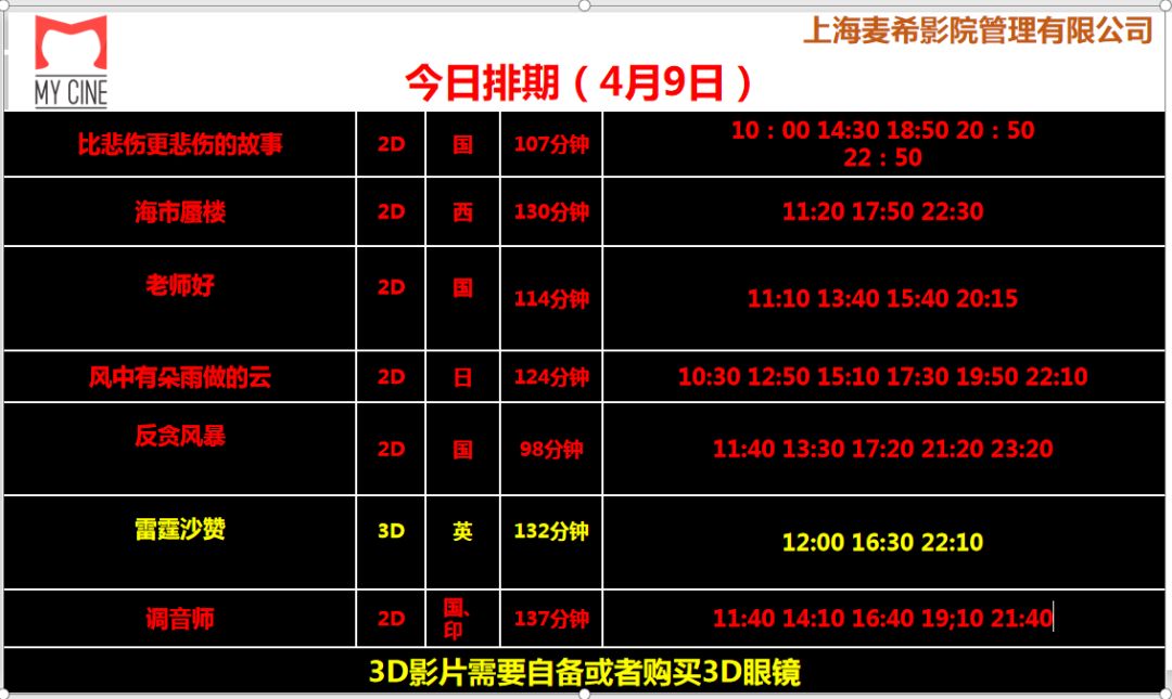 【明日影訊】4月9日 麥希金逸珠江影城