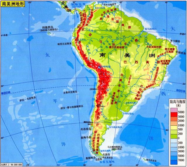 南美洲地形特征 西部安第斯山脉贯穿南北 东部平原高原间隔分布 世界