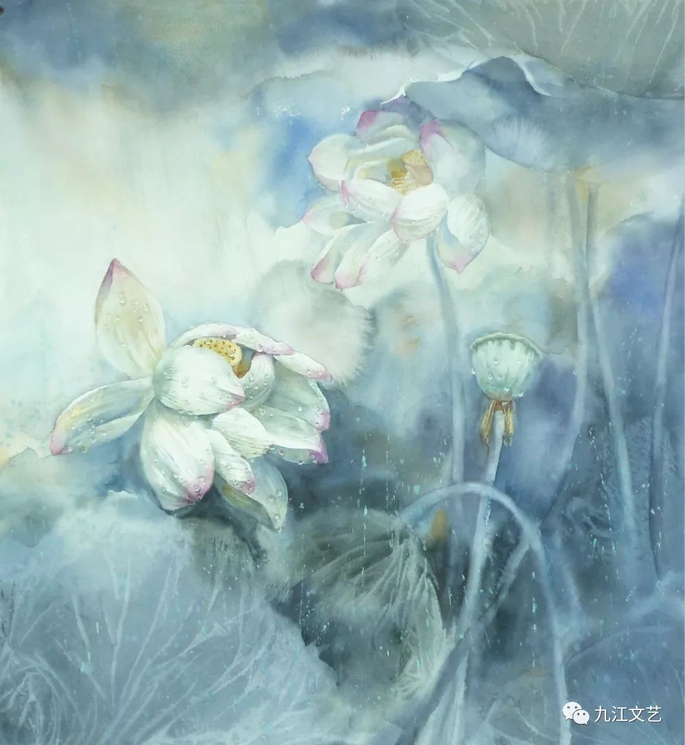 金燕群作品《雨荷》李玥作品《我的外婆》黄春芳作品《悦动》胡珊作品