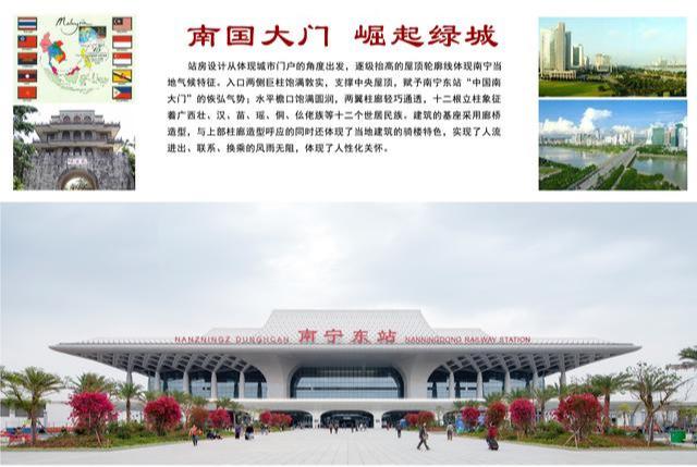 南宁东站建筑造型恢弘大气,以"南国大门,崛起绿城"为设计创意,屋顶