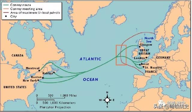 二战初期的北大西洋护航航线(绿色),橙色方框区域为船队会合和解散
