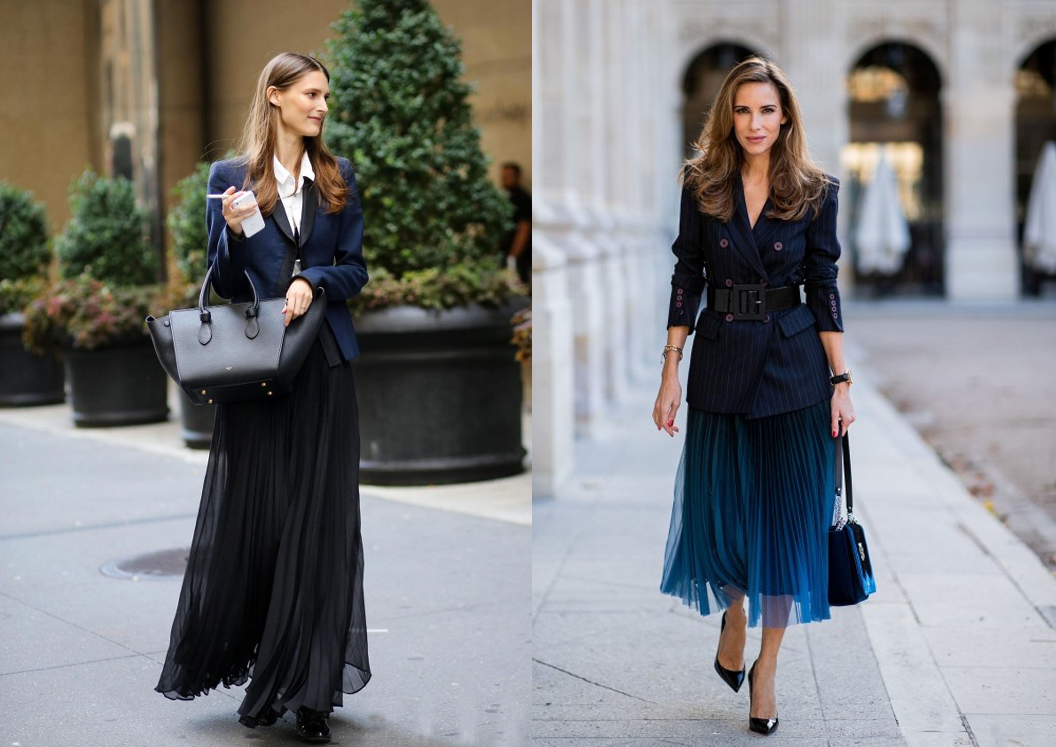 颜色上推荐组合:深蓝西装 白色衬衣 黑色纱裙,包包和鞋子黑色就好