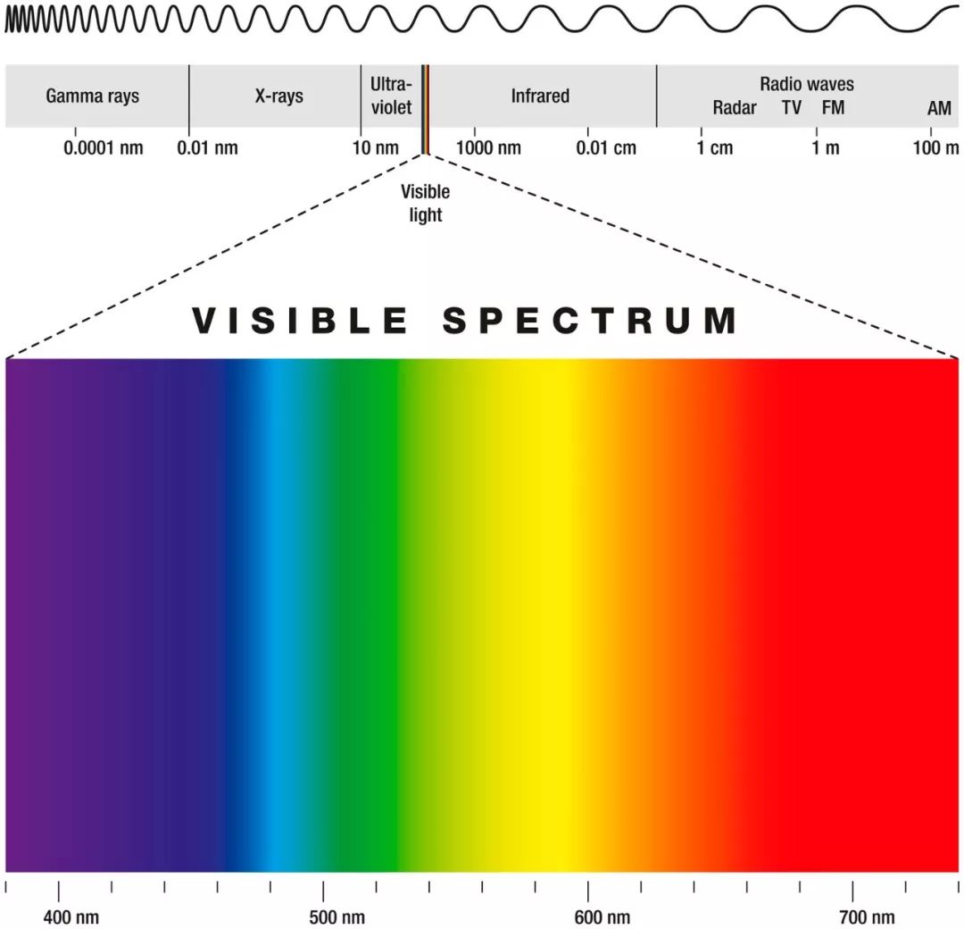 人眼可以感知的光为可见光,其中紫光波长最短,波长在10nm