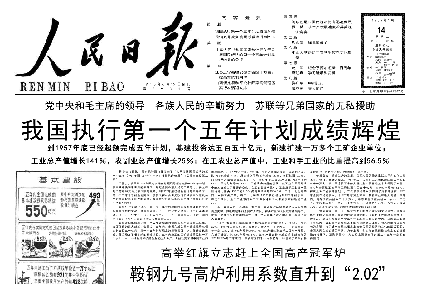 我国执行第一个五年计划成绩辉煌1959年4月14日人民日报