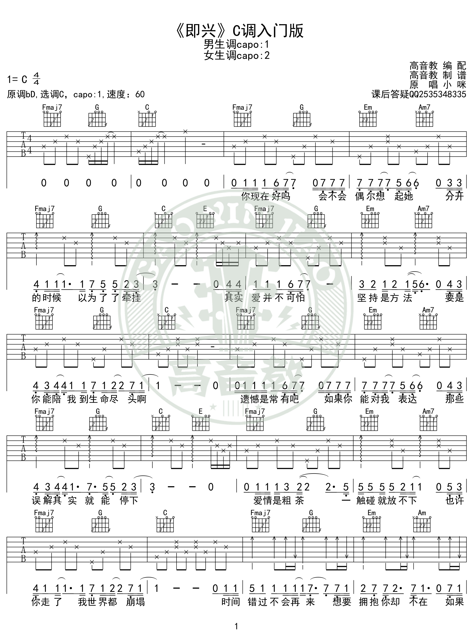 抖音热曲即兴吉他谱c调入门版猴哥吉他教学高音教编配