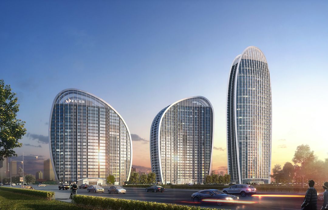 三栋塔楼构成"s"形天际线青岛世茂悦海三栋塔楼分别高约180m,100m,80m