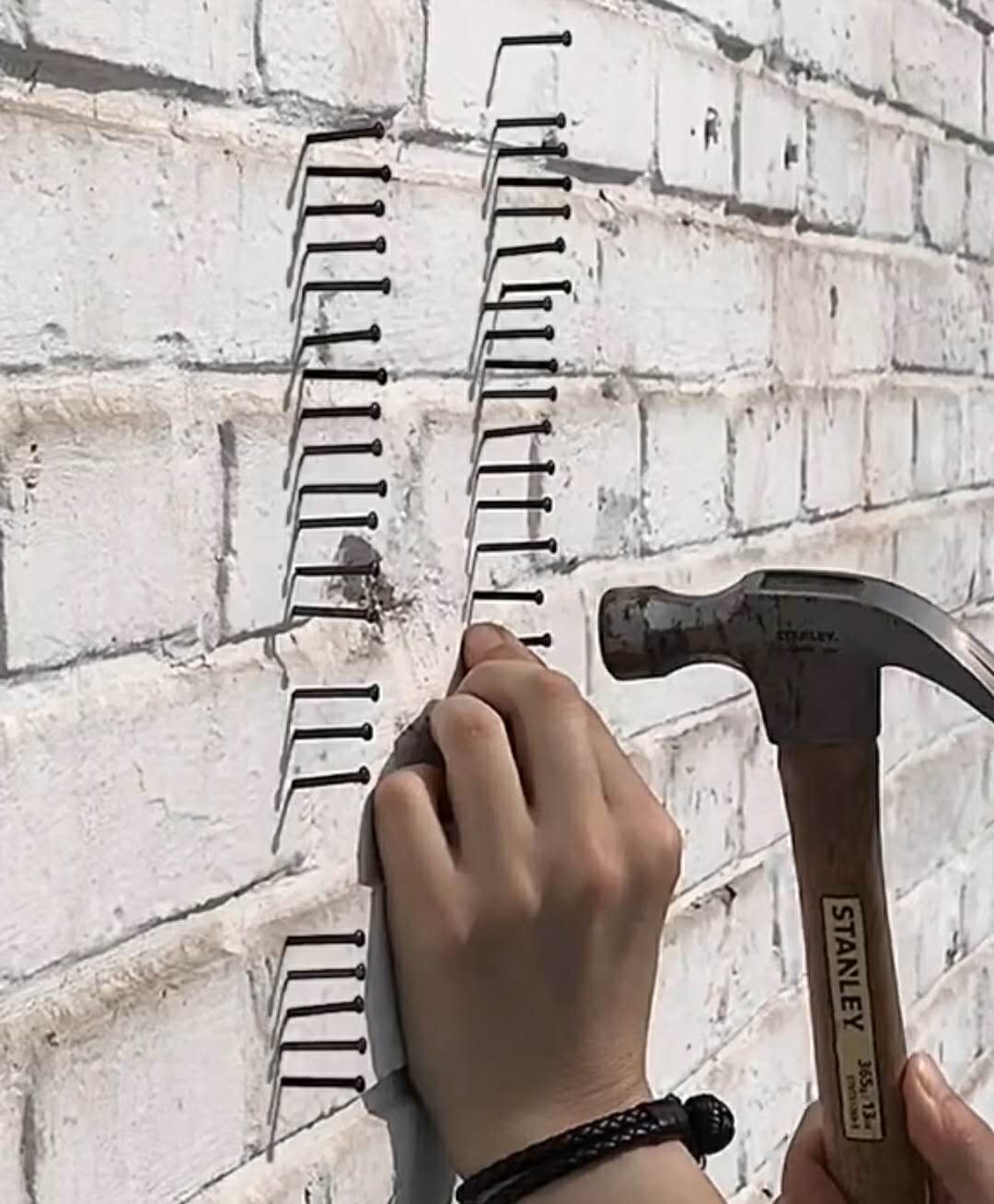 大佬在拆迁墙上钉一排钉子,问他在干什么,他说:重建巴黎圣母院