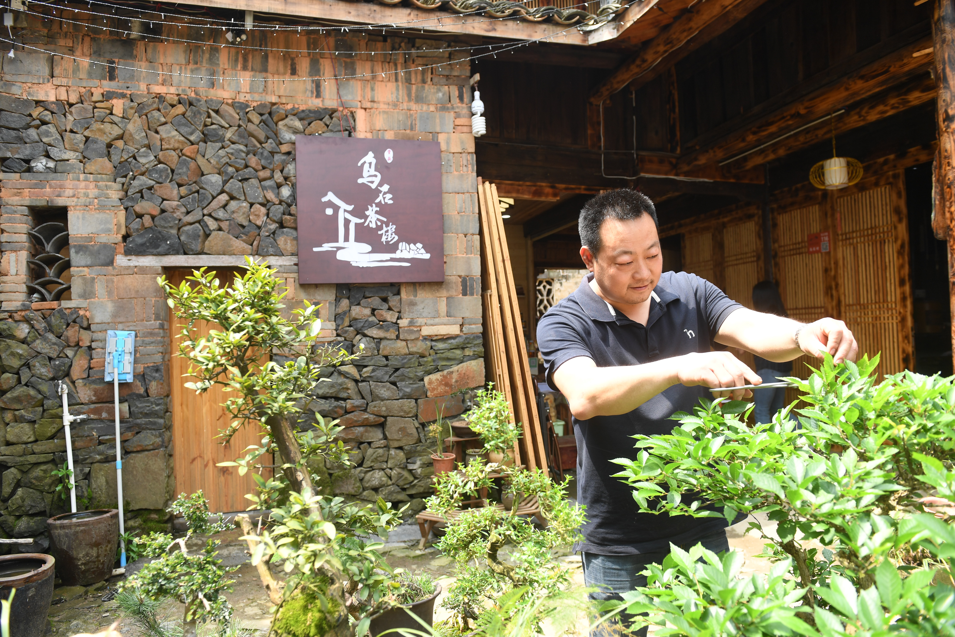 4月24日,乌石村民宿经营者厉桂瑶在庭院内整理盆景