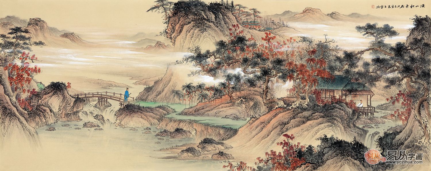 王宁最新精品六尺横幅仿古山水画《溪山秋色》王宁老师这幅仿古山水画