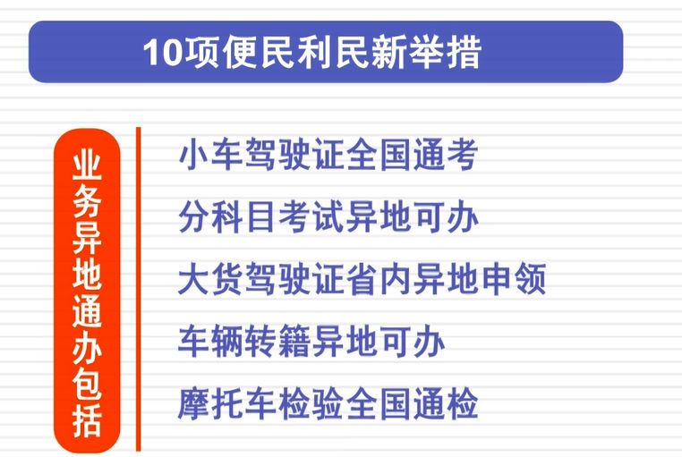 01其中,業務異地通辦業務包括:1,小車駕駛證全國通考;2,分科目考試