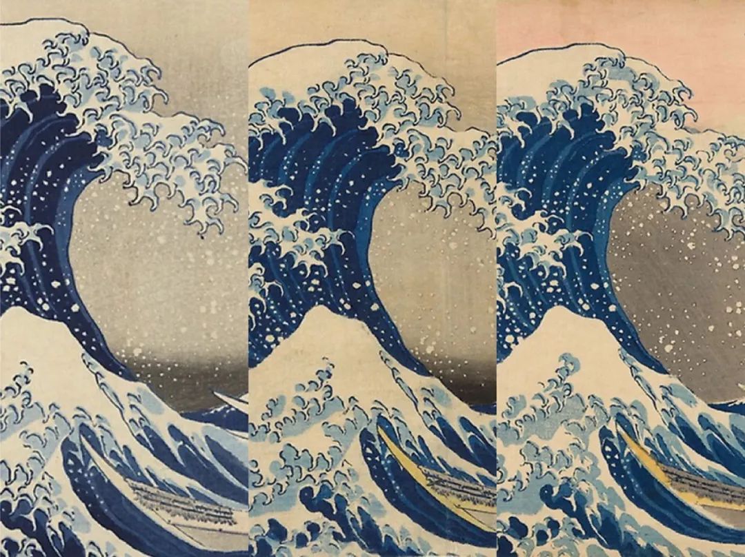 仔细观察就会发现,三幅海浪的蓝色是不一样的