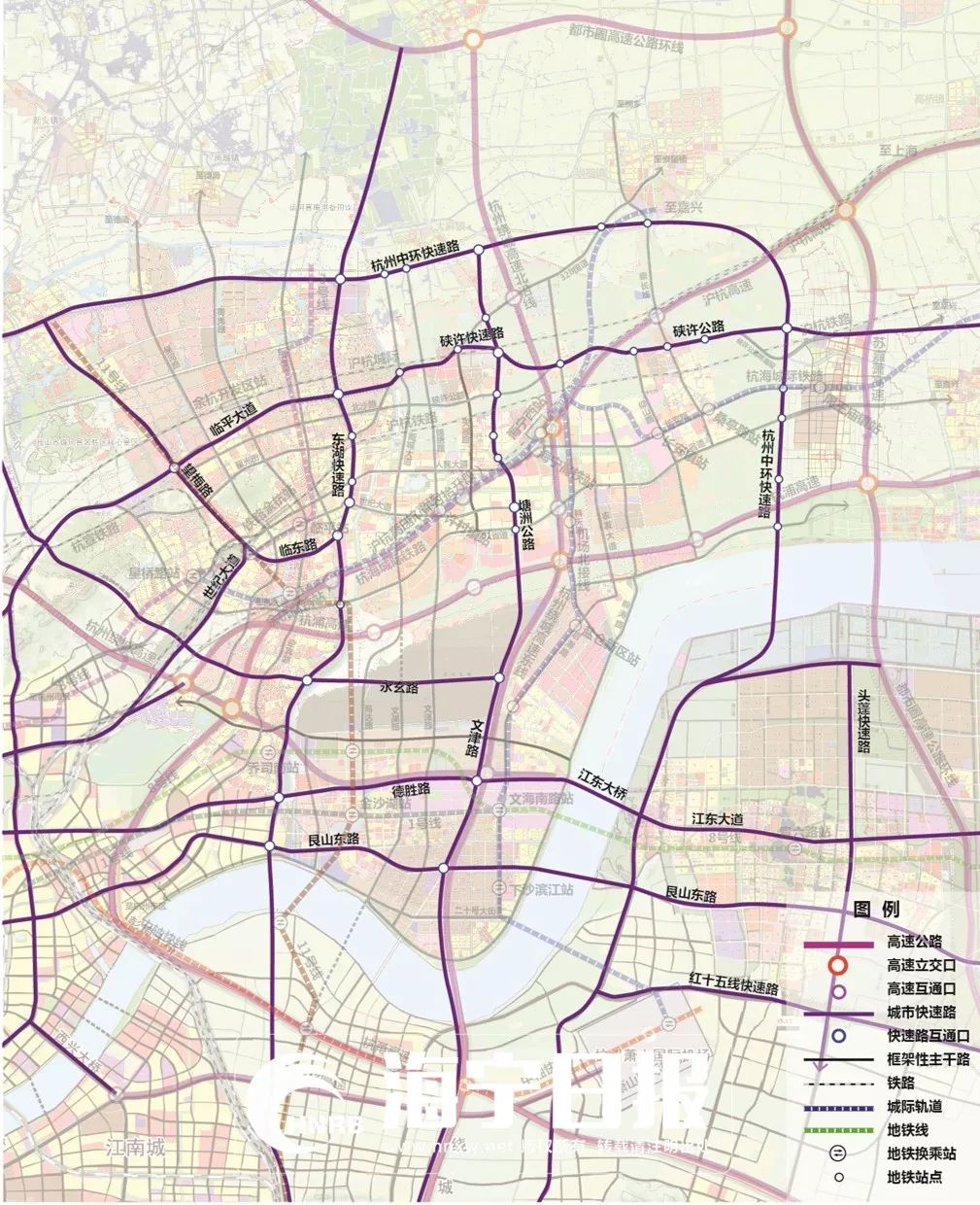 快速路主要规划设想:一环 一纵一横:(1)一环:杭州中环快速路(2)南北向