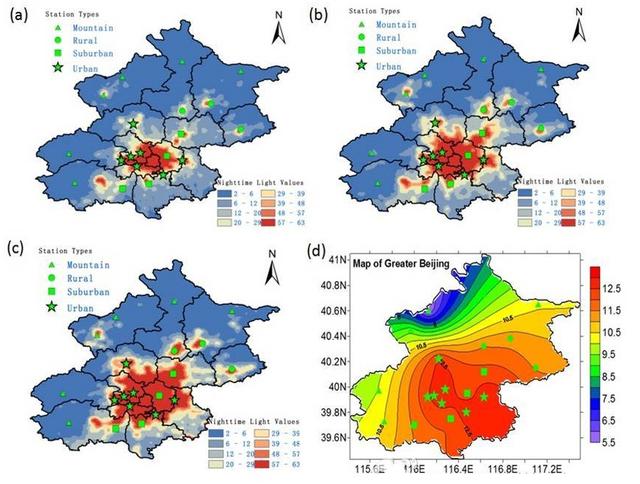 北京市热岛监测图由于,在一天中的任何时刻,市区的温度总是高于周围
