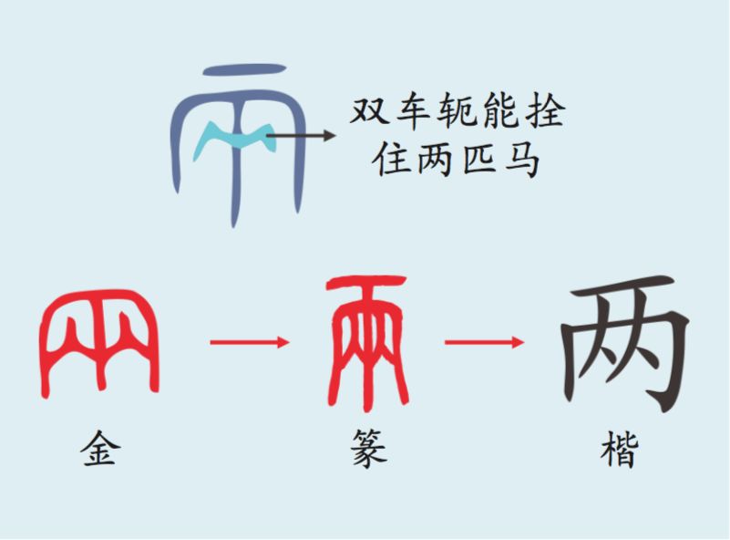"两"的古文字是一种可以拴住两匹马的双车轭的样子,用以增加畜力(马力