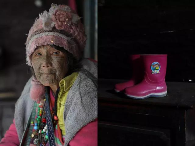 当清,80岁,大孙女在网上给老人买的雨靴.她15岁的时候纹面.