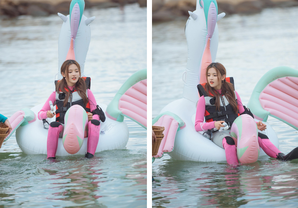 杨超越扎双马尾穿粉色潜水服秀出纤细好身材下水造型都这么美