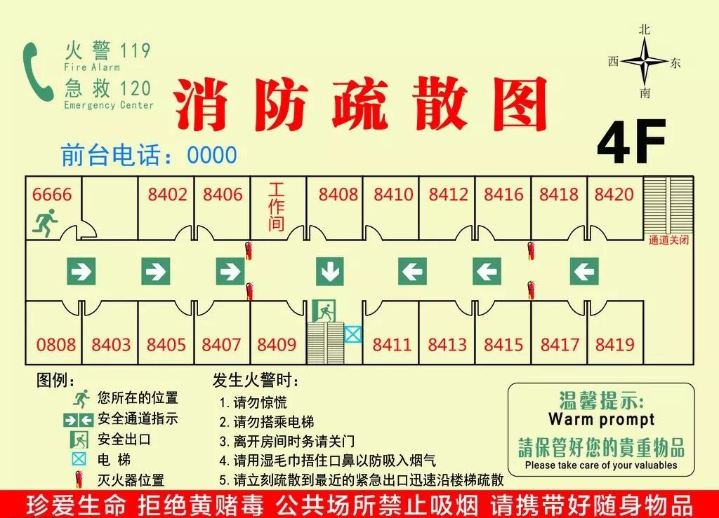 (2)酒店的消防紧急疏散图作用是:让入住旅客和人群迅速了解酒店构造