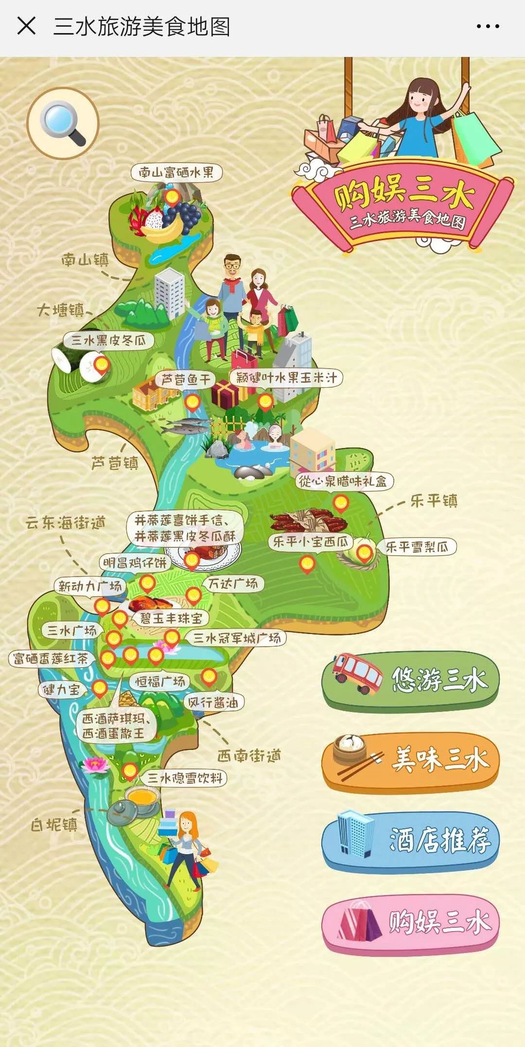 地图以手绘的形式呈现,分为【悠游三水】 【美味三水】