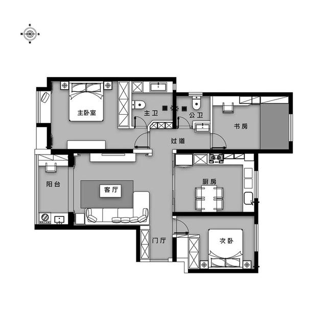 平面布置图 ▲玄关墙面挂着全身镜,另一侧是鞋柜入墙,鞋柜中