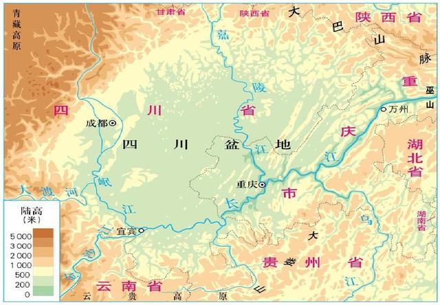四川盆地地形图从四川的西部到东部,地势不断降低,从海拔最高的贡嘎山