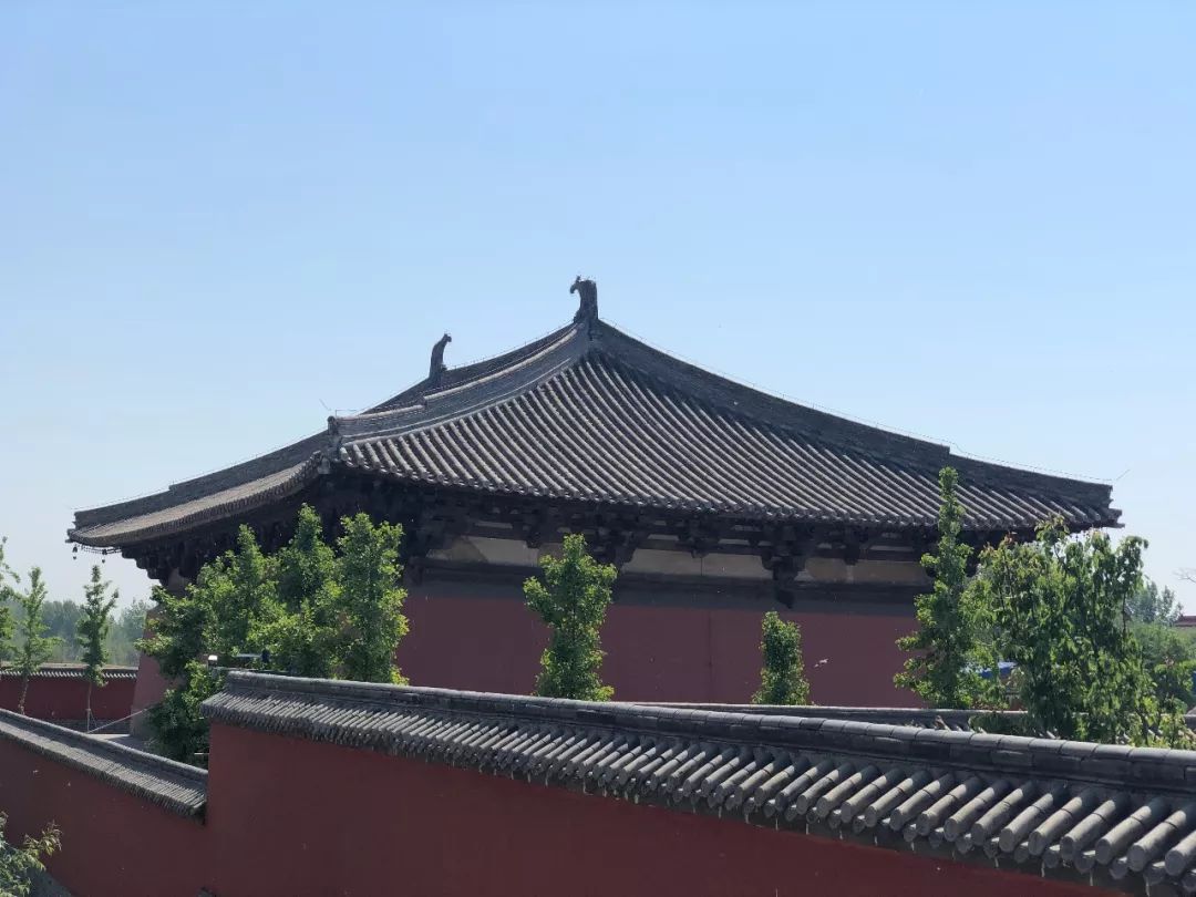 大殿为单檐庑殿顶,面阔五间,进深三间.