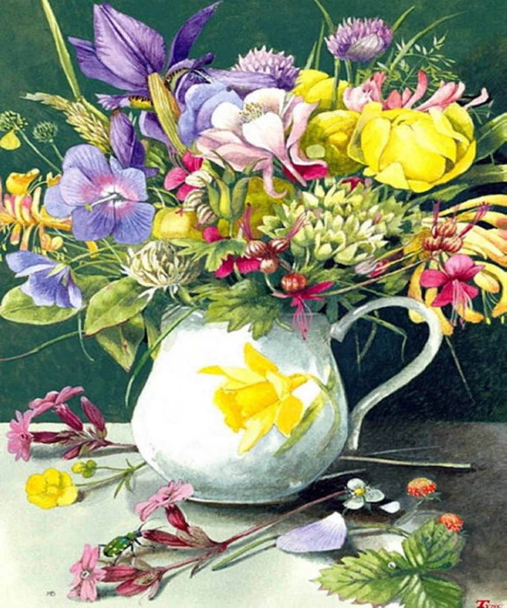 marjolein荷兰女画家《花语鸟情水彩画》